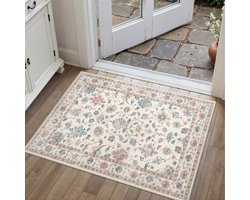 PureCozy Deurmat voor binnen, 60 x 90 cm, wasbaar vintage tapijt, klein bij de entree, bloemenpatroon, laagpolig - ShopVlot