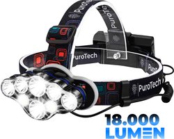 PuroTech Militaire Hoofdlamp - Hoofdlamp LED oplaadbaar - Extra Krachtig - Hoofdlampje - 8 LED-koplampen - 18000 lumen - 600 meter bereik - Verstelbaar - Militaire zaklamp
