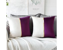 Purple White Velvet Kussenhoezen - Gouden Leren Patchwork Luxe Moderne Minimalistische Vierkante Kussensloop - Throw Pillow Covers voor Woonkamer Bed Bank Sofa 45 x 45cm Set van 2