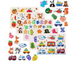 Purpledi 5 stuks houten puzzels voor kinderen, educatief Montessori-speelgoed voor baby's, alfabet, cijfers, vormen, voertuigen, fruit, dier, educatief speelgoed, leren voor baby's van 1, 2, 3 jaar (A