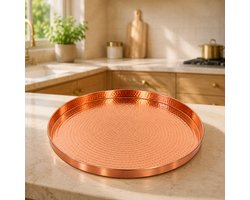 Puur koperen dienblad rond (ø 32 cm) - gehamerd gepolijst (zware uitvoering)