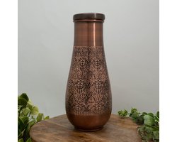 Puur koperen karaf antique geëtst met dop – lang en smal ± 950 ml