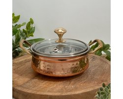 Puur koperen serveerschaal met RVS binnenkant en glazen deksel – 650 gr – 14 cm