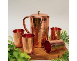 Puur Koperen Set: Kan (±1,5 l) + 4 Bekers Bloempatroon Rand ( 300 ML per Beker)