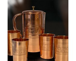 Puur Koperen Set: Kan (±1,5 l) + 4 Bekers Bloempatroon Rand