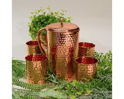 Puur Koperen Set: Kan (±1,5 l) + 4 Bekers Gehamerd
