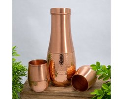Puur koperen set van karaf druppelvorm gehamerd ± 950 ml met 2 bekers