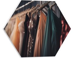 PVC Schuimplaat Hexagon - Rek Vol Verschillende Kleuren Gala Jurken - 40x34.8 cm Foto op Hexagon (Met Ophangsysteem)
