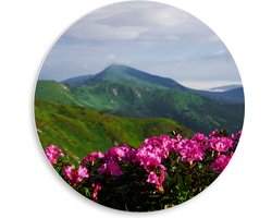 PVC Schuimplaat Muurcirkel - Groepje Roze Bloemen op Top van Berg in Berglandschap - 50x50 cm Foto op Muurcirkel (met ophangsysteem)