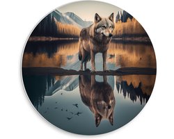 PVC Schuimplaat Muurcirkel - Wolf in Landschap met Weerspiegeling in het Water - 30x30 cm Foto op Muurcirkel (met ophangsysteem)
