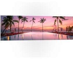 PVC Schuimplaat- Palmbomen bij Ligbedden aan het Water tijdens de Avondzon - 120x40 cm Foto op PVC Schuimplaat