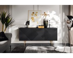 Pyramide 3D ladekast, breedte 160 cm, mat zwart, dressoir, drie deuren, met planken, gouden poten, voor de woonkamer.