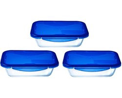 Pyrex - Cook & Go Lunchbox met Deksel 800 ml Set van 3 Stuks - Transparant/Blauw