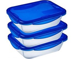 Pyrex - Cook & Go - Rechthoekige Schaal Met Deksel - Set van 3 Stuks - 0.8L - Glas - Blauw