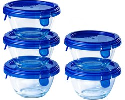Pyrex - Cook & Go Schaal Rond met Deksel 200 ml Set van 5 Stuks - Transparant/Blauw