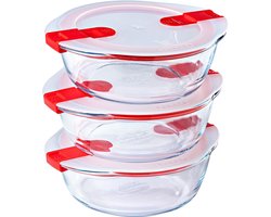 Pyrex - Cook & Heat Schaal Rond met Deksel -Inhoud elk 1,1 liter - Set van 3 Stuks - Transparant/Rood/Wit