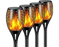 PyroProducts Tuinverlichting op Zonne Energie - 4 Tuinfakkels 69 cm - Vlameffect - Waterbestendig