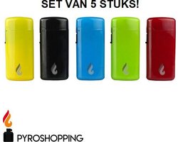Pyroshopping Neon Lighters – Set van 5 Stuks – Gasaanstekers – Stormvlam – Windvaste vlam – Windproof gasbranders – Vuurwerk- Tabak – Kaarsen – Vuurkorf etc.