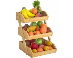 Q-Living Fruitmand Bamboe 3 Laags - Fruitschaal - Bamboe Hout - Staande Fruitmand Etagere - Rechthoek - Aardappelbak - Aanrecht Organizer - Fruitkistje