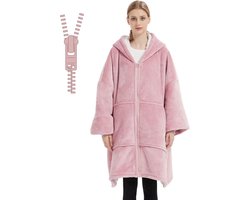 Q-Living Hoodie Deken - Oversized Hoodie - Plaid Met Mouwen - Snuggle Hoodie - Fleece Deken Met Mouwen - 1450 gram - Lotus Roze Met Rits