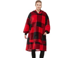 Q-Living Hoodie Deken - Oversized Hoodie - Plaid Met Mouwen - Snuggle Hoodie - Fleece Deken Met Mouwen - 1450 gram - Rood/Zwart