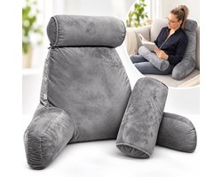 Q-Living Leeskussen XL - Memory Foam Relax Kussen voor in Bed - Zitkussen met Nekrol & Onderrug Ondersteuning - Bookseat - Fluweel Grijs