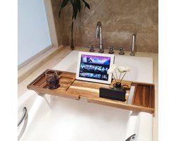 Q-Living Luxe Badplank - Badrekje Voor Ligbad - Uitschuifbaar - Badplank Voor In Bad - Tablethouder - Badplank Hout - Verstelbaar / Uitschuifbaar - Boekenhouder - Acacia Hout