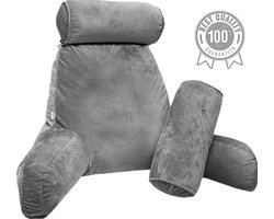 Q-Living XXL Leeskussen met Extra Nekrol - Relax Kussen - Zitkussen - Onderrug Ondersteuning - Leeskussen Voor In Bed - Fluweel Grijs