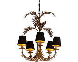 QAZQA botanica - Landelijke Kroonluchter met kap - 5 lichts - Ø 55 cm - Zwart Goud - Woonkamer | Slaapkamer | Keuken