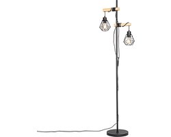 QAZQA chon - Landelijke Vloerlamp | Staande Lamp met kap - 2 lichts - H 155 cm - Zwart - Woonkamer | Slaapkamer | Keuken