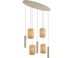 Qazqa eettafel japandi hanglamp - Pluni Tuba - beige, ovaal, 7-lichts, 96cm, ideaal als eettafellamp