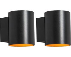 QAZQA Sola - Moderne Wandlamp voor binnen - 2 stuks - D 100 mm - Zwart Goud - Woonkamer | Slaapkamer | Keuken