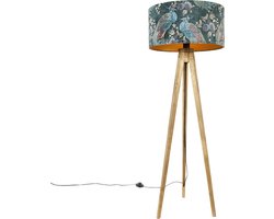 QAZQA tripod_classic - Landelijke Tripod | driepoot vloerlamp | Staande Lamp - 1 lichts - H 136 cm - Groene pauw print - Woonkamer | Slaapkamer