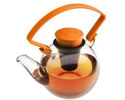 Qdo Theepot Glas - Rond - Met Clip handvat - 1 liter - Oranje