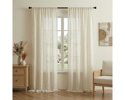 Qelus 2 Stuks Echte Linnenmix Inbetween Gordijnen Kant en Klaar - 30% Natuurlijk Vlas Vitrage - Tunnelzoom Lichtdoorlatend - Landhuisstijl - Naturel - voor Woonkamer - Slaapkamer - 140cmx225cm