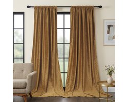 Qelus 2 Stuks Luxe Gecrasht Velours Gordijnen - Marokkaans Reliëf - 260gsm - Verduisterend & Thermisch Isolerend - Multifunctionele Plooiband - voor Woonkamer - Slaapkamer - 132x183cm - Goud