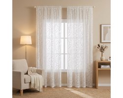 Qelus 2 Stuks Luxe Vitrage Gordijnen - 132x241 cm - Transparant Jacquard 3D Bladmotief - Kant en Klaar Inbetween Gordijn Wit - Met Multifunctionele Ophangmethode voor Woonkamer & Slaapkamer