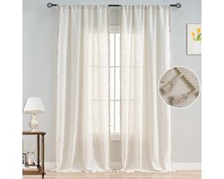 Qelus 2 Stuks Vintage Boho Vitrage met Kwastjes - Gordijnen Kant en Klaar 132×213cm - Voor Woonkamer/Slaapkamer - Gratis Gordijn Embrasse