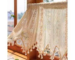 Qelus Creme Vitrage Gordijn met Franjes & Wavig Rand - Geometrisch Vintage Sheer Gordijn Kant en Klaar - 140 x 60cm - Boho Kort Gordijn voor Keuken/Woonkamer - Lichtfilterend