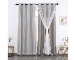 Qelus Grijs Verduisterende Gordijnen Kant en Klaar met Ringen - Dubbellaags Gordijn met Sterren, Tulle Laag en Kantrand - 130x215 cm - Incl. Gratis Boog en Lint - Voor Woonkamer en Slaapkamer