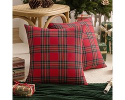 Qelus Kerst Kussenhoes 45x45 cm - Klein Ruitpatroon Tartan - Zacht & Milieuvriendelijk - Onzichtbare Rits & Machinewasbaar - Kerstdecoratie voor Woonkamer, Bank & Bed
