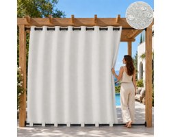 Qelus Linnenlook Lichtgewicht Buitengordijn voor Pergola en Balkon - 254x214 cm - Weerbestendig Outdoorgordijn met Lusbodem - Zonwerend en Verduisterend - Faux Linnen Terrasgordijn - Grijsachtig wit - 1 Stuk