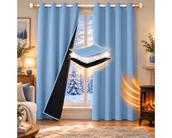 Qelus Set van 2 Gewatteerd Polyester Gordijn met Ringen - Blauw - 132 x 160 cm - 3-laags Thermisch, Geluidsdempend en Lichtwerend - Zwarte Voering - Voor de Slaapkamer, Woonkamer en Binnendeuren