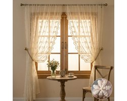 Qelus Set Van 2 Vitrages met Geschulpte Rand - Vintage Bloemen Borduurwerk Kant en Klaar Gordijnen - Dubbele Roedezak - 140x244cm