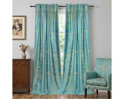 Qelus Velours Gordijnen met Goudprint - 2 Stuks - Verduisterend & Geluidsdempend Raamgordijnen - Luxe Hotel Chique Uitstraling - 260gsm Kant en Klaar - Multifunctionele Plooiband - 132x274cm - Blauw