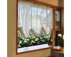 Qelus Vintage Gordijnen met Strikjes - Linnen Look Sheer Vitrage - 180x135cm - Lichtfilterende Raamdecoratie - voor Gezellige Sfeer, Woonkamer & Slaapkamer