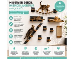 QLS Katten Klimwand Set LOFT XXL - Kattenmeubilair Wandmontage - Met Hängebrücke & Katzenbed - Industriële Stijl - 9 Niveaus - Hout & Sisal - Voor Actieve Katten
