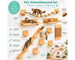 QLS Katten Klimwand Set XXL - Kattenmeubilair Wandmontage - Met Wandligstoel & Planken - Modulair DIY Systeem - Hout & Sisal - Voor Actieve Katten