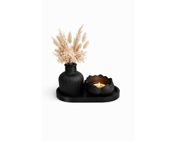 QORVANE Home Luxe 3-Delige Decoratieset Zwart met Vaas, Bloemvormige Waxinelichthouder en Tray – Moderne Woondecoratie