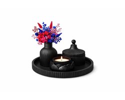 QORVANE Home Luxe 4-Delige Zwarte Decoratieset met Vaas, Pot met Deksel, Waxinelichthouder en Ronde Tray – Moderne Woondecoratie